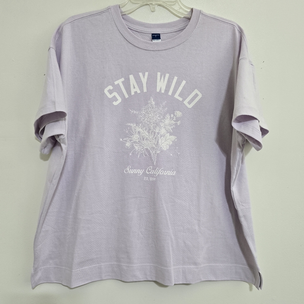 OLD NAVY size Large Stay Wild Floral Graphic Short Sleeve Relaxed Fit Tee Lilac